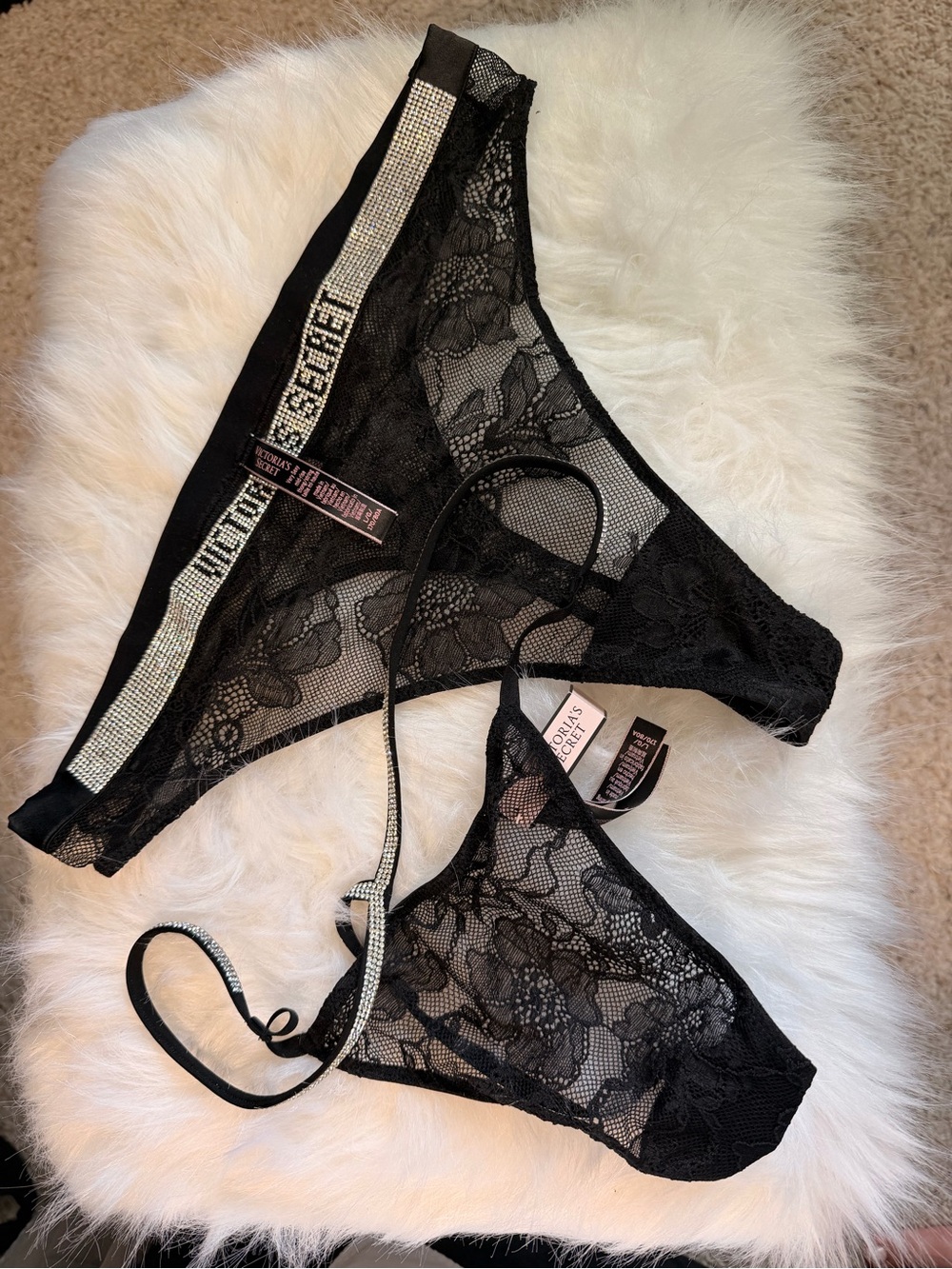 Victoria's Secret Black Lace Rhinestone-Trim Thong Set